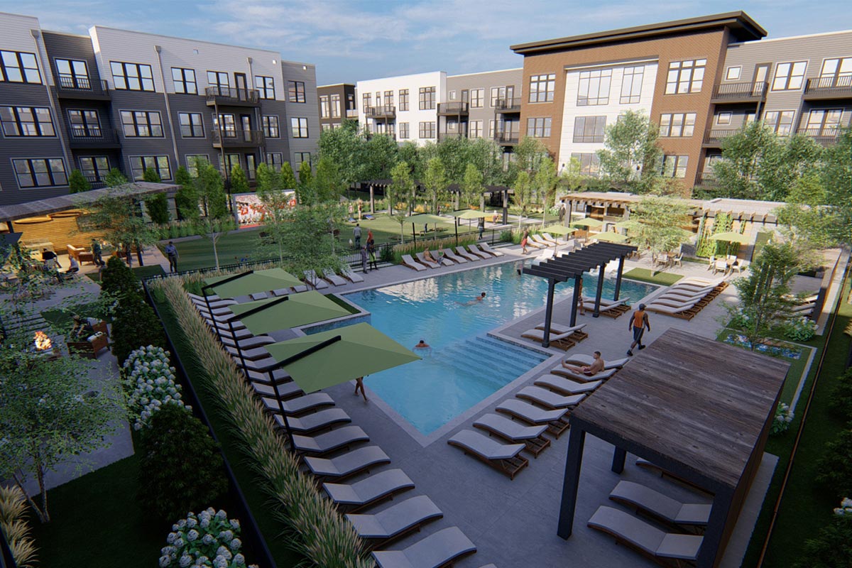 An apartment cuortyard with a pool, green space, and community amenities