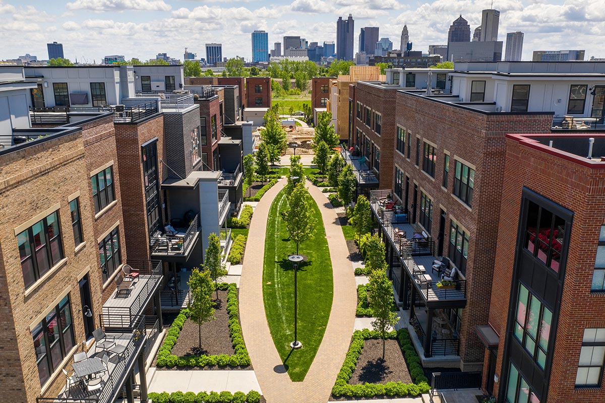 Aerial view of Italian Village in Columbus with the Downtown skyline beyond