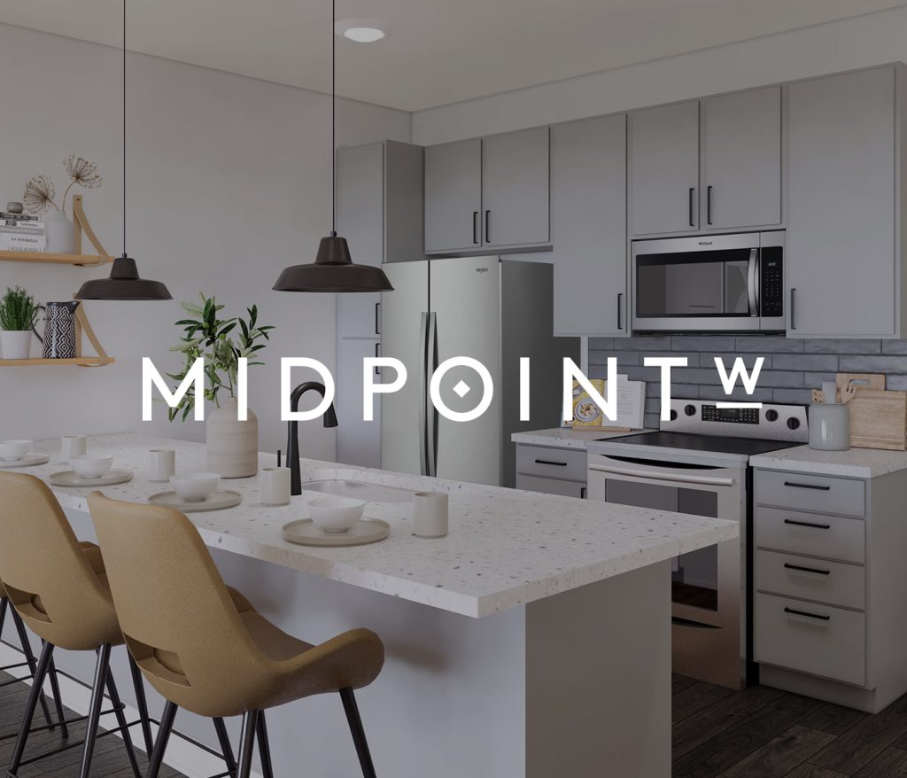 Discover the charm of Columbus apartments featuring a modern kitchen with white countertops, light gray cabinets, stainless steel appliances, and pendant lighting. A sleek space where style meets functionality. Text MIDPOINT is elegantly overlaid across the center.