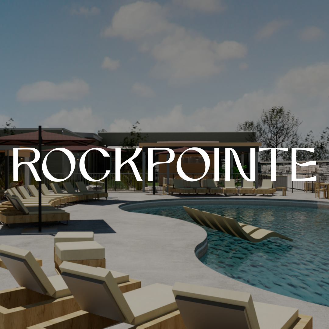 Thrive Companies, Outdoor pool area with lounge chairs and modern seating, set against a building and trees under a partly cloudy sky at Tillmore at Quarry Trails. The word ROCKPOINTE is overlaid across the image. Apartments in Columbus Ohio