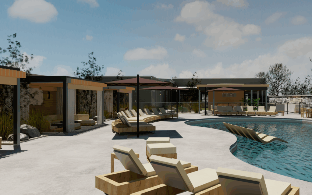 Thrive Companies, Outdoor pool area at Tillmore at Quarry Trails with lounge chairs, shaded cabanas, and umbrellas on a sunny day; landscaped plants and a stylish poolside bar in the background. Apartments in Columbus Ohio