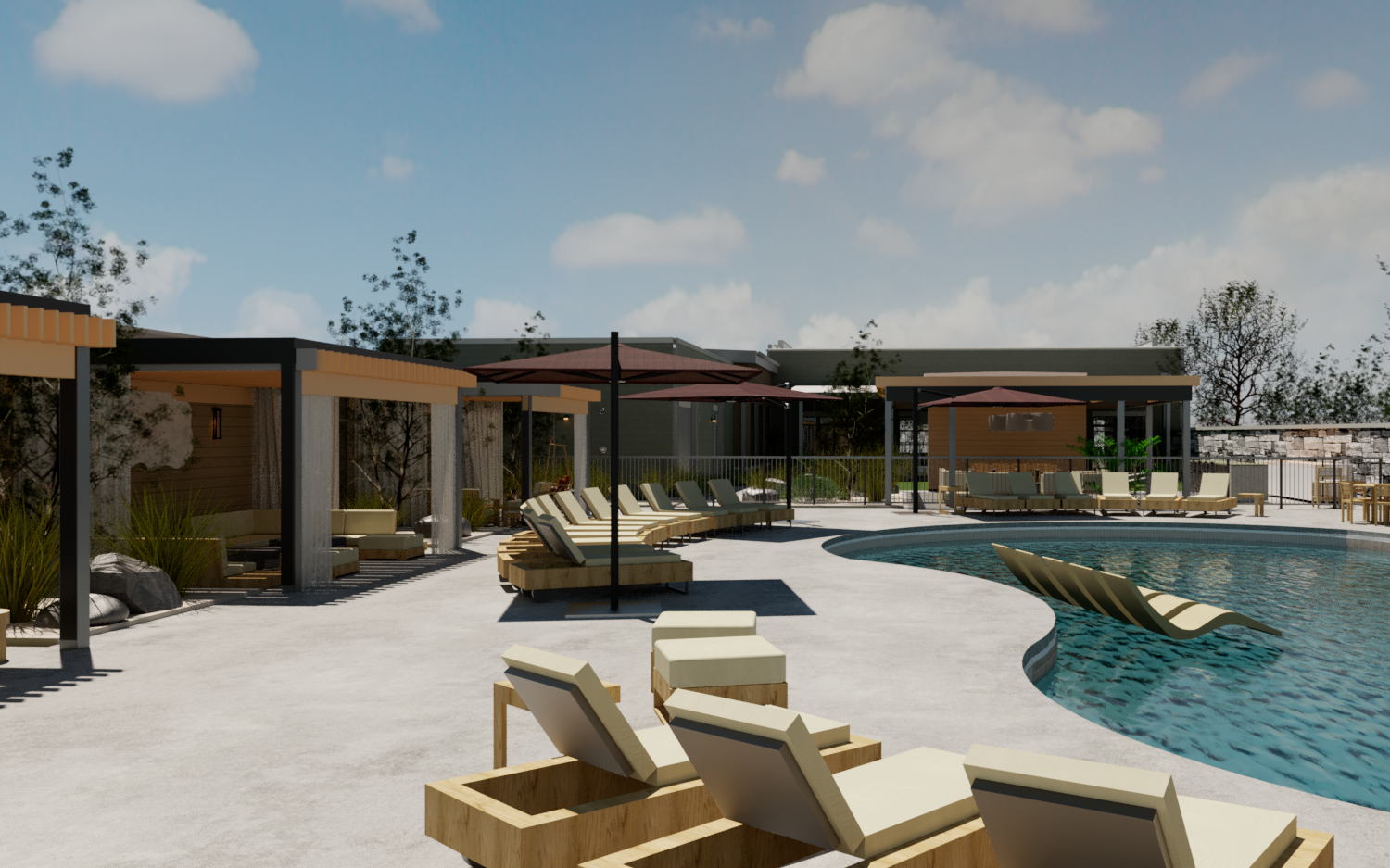 Thrive Companies, Outdoor pool area at Tillmore at Quarry Trails with lounge chairs, shaded cabanas, and umbrellas on a sunny day; landscaped plants and a stylish poolside bar in the background. Apartments in Columbus Ohio