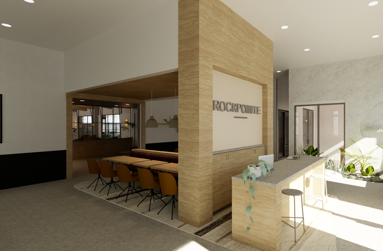 Thrive Companies, Modern office lounge at Tillmore at Quarry Trails featuring a long meeting table, orange chairs, a bar counter with stools, lush indoor plants, and a ROCKPOINTE sign on the wall. Apartments in Columbus Ohio