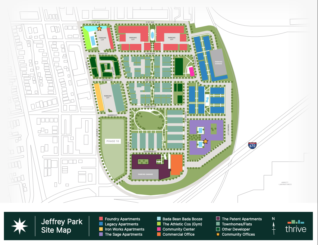 Jeffrey Park site map highlights residential, commercial, and community buildings, along with streets and green spaces. A color-coded legend helps identify each building type within the Jeffrey Park neighborhood.