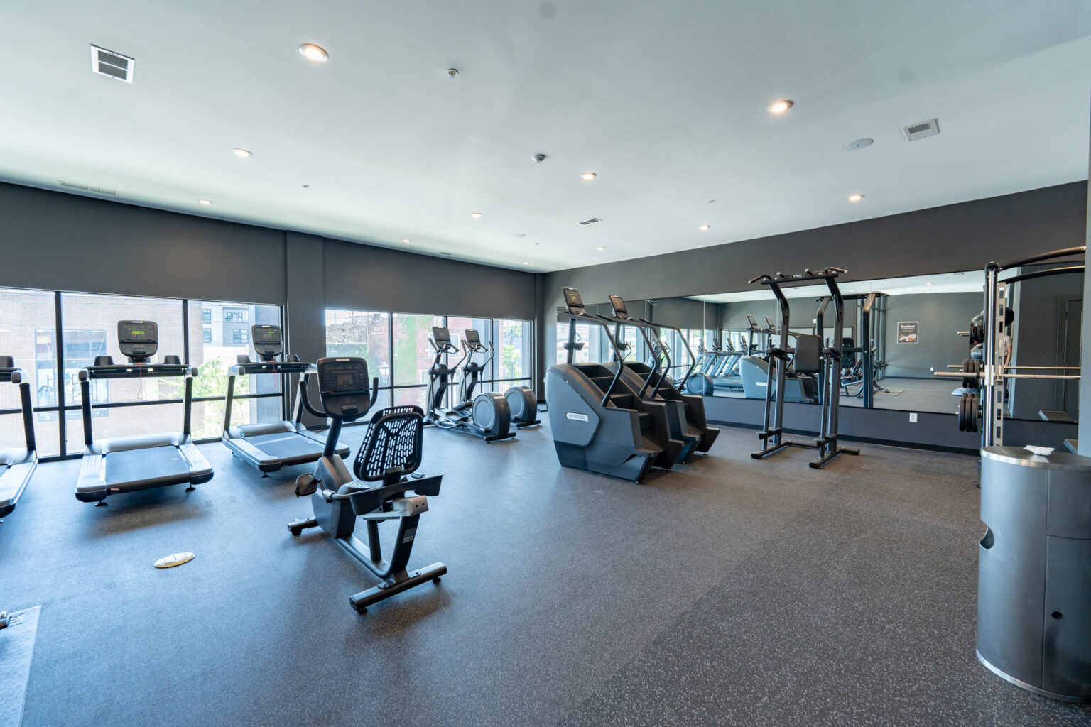 Modern gym with treadmills, stationary bikes, elliptical machines, and strength training equipment; large mirrors and windows provide natural light.
