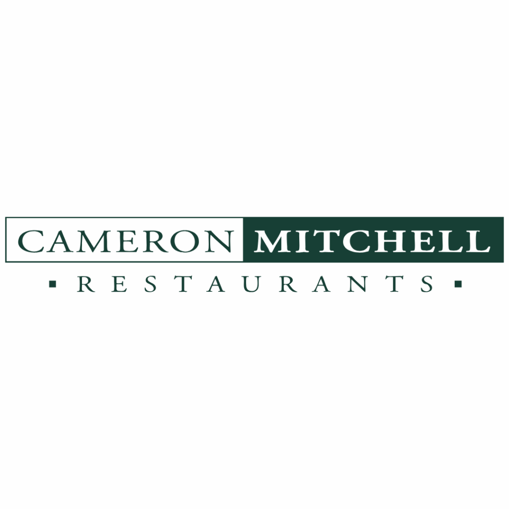 The image displays the logo for Cameron Mitchell Restaurants with the name in green and white capital letters, enclosed in rectangles, above the word RESTAURANTS.