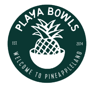 Logo of Playa Bowls featuring a white pineapple in a bowl on a dark green circular background.