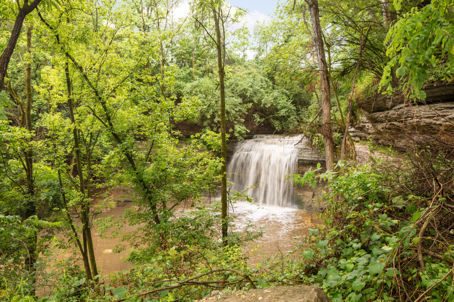 A small waterfall flows over a rock ledge surrounded by dense green trees and vegetation in a forested area.