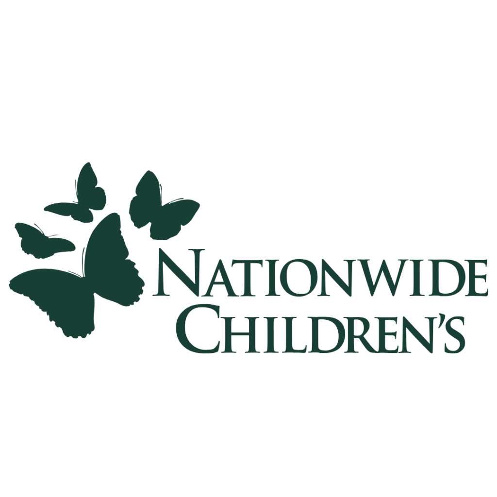 Nationwide Children’s logo featuring four butterflies of varying sizes to the left of the company name in dark green text on a white background.