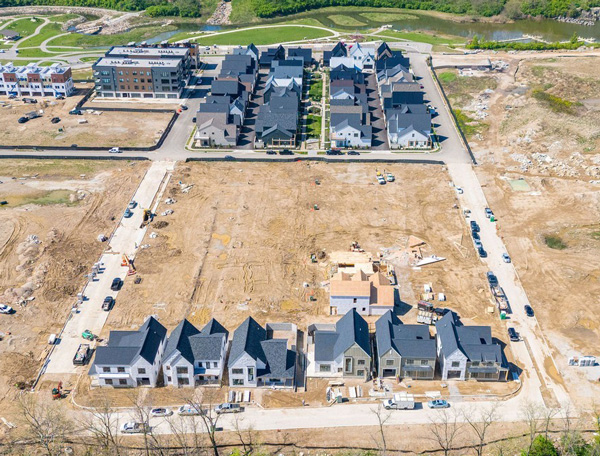 Aerial shot of real estate development with new homes