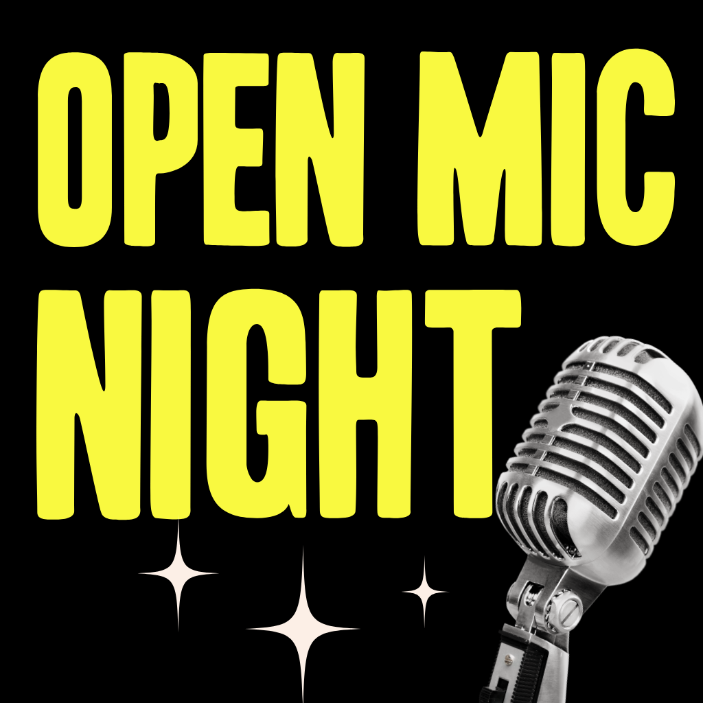 Thrive Companies, Yellow text reading OPEN MIC NIGHT with a silver microphone and white star illustrations on a black background. Apartments in Columbus Ohio