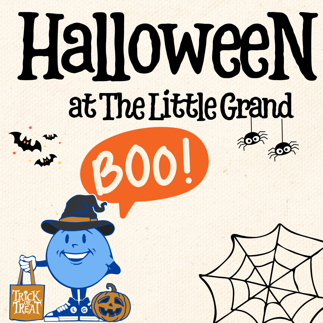 Thrive Companies, Promotional graphic for Halloween at The Little Grand featuring a blue cartoon character in a witch hat holding a Trick or Treat bag and a jack-o-lantern, with bats, spiders, and a spiderweb. Apartments in Columbus Ohio