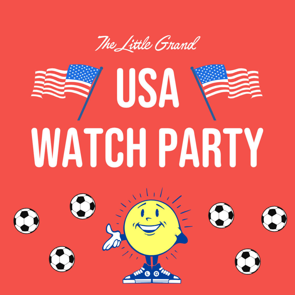 Thrive Companies, Red graphic with two American flags, text reading The Little Grand USA Watch Party, a smiling cartoon sun character, and several soccer balls scattered at the bottom. Apartments in Columbus Ohio