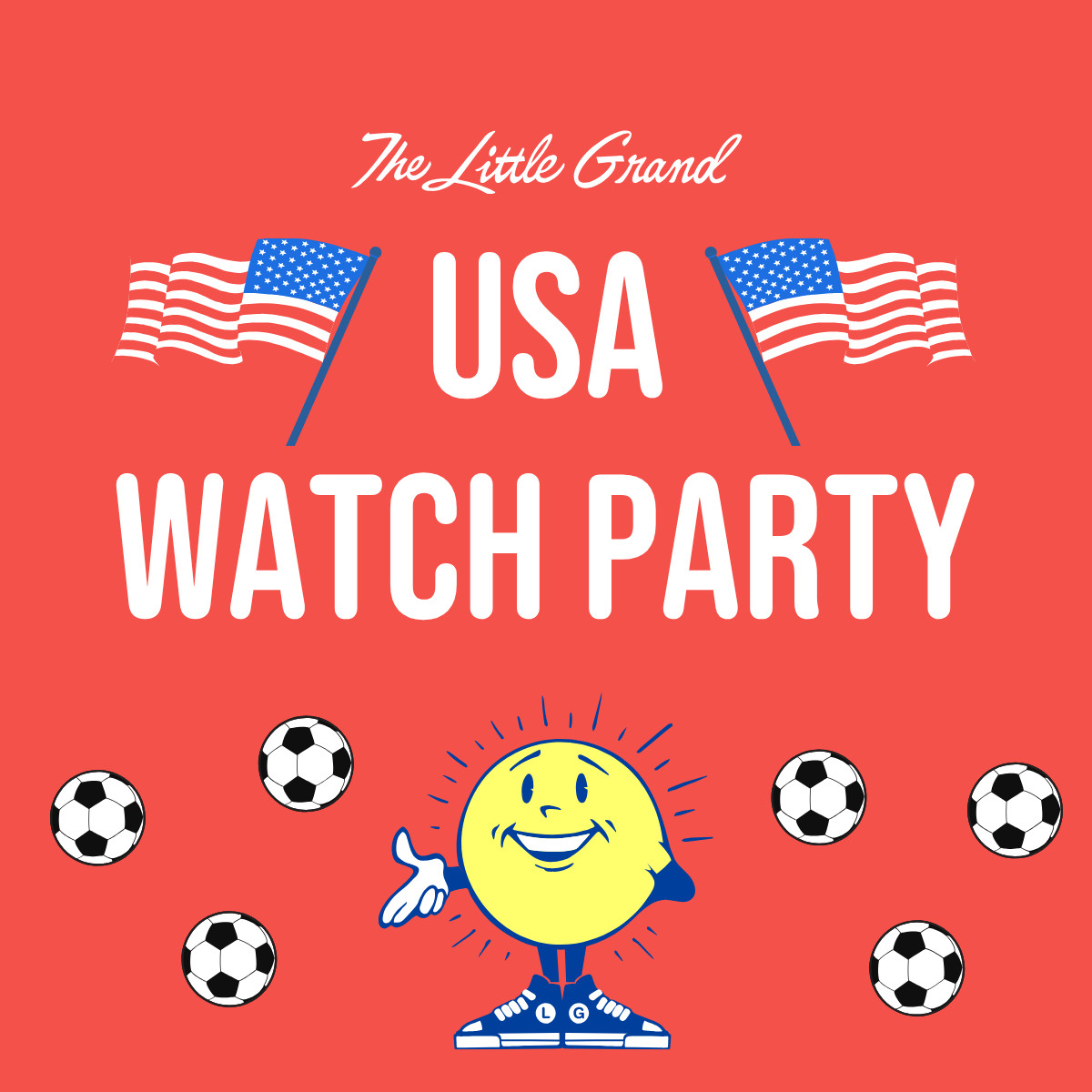 Thrive Companies, Red graphic with two American flags, text reading The Little Grand USA Watch Party, a smiling cartoon sun character, and several soccer balls scattered at the bottom. Apartments in Columbus Ohio