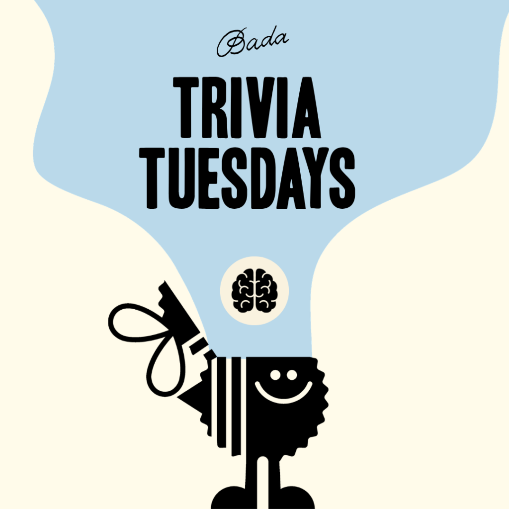 Thrive Companies, A cartoon figure with a smiling ravioli holds a ribbon under the words “Trivia Tuesdays” and an image of a brain, with the word Dada above on a blue background. Apartments in Columbus Ohio
