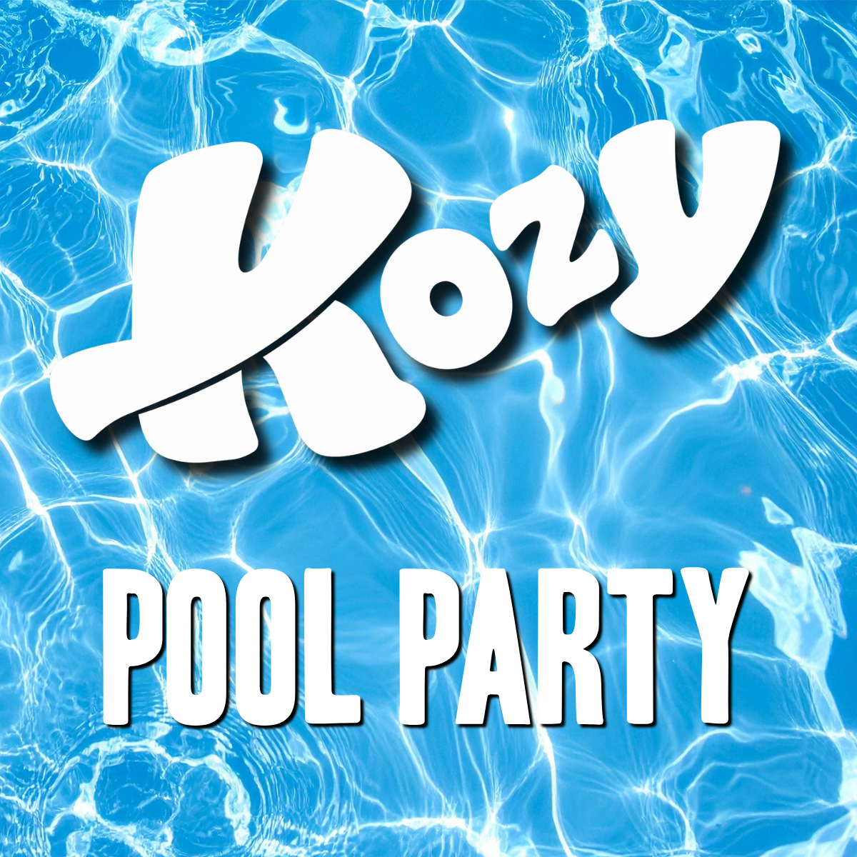 Thrive Companies, White text reads Kozy Pool Party over a background of clear blue pool water with sunlight reflections. Apartments in Columbus Ohio