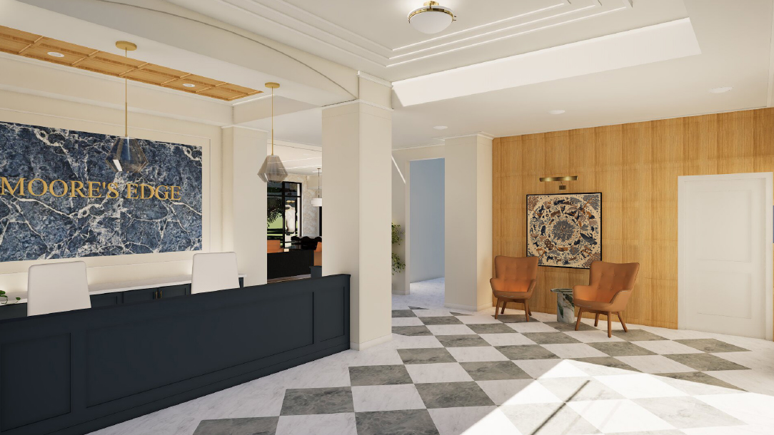 Thrive Companies, Lobby with a black reception desk, blue marble wall art labeled MOORES EDGE, two brown chairs, a round rug, and checkered tile flooring. Apartments in Columbus Ohio