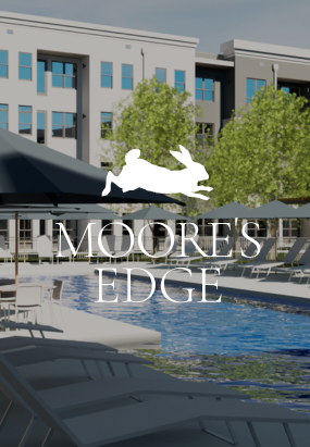 Thrive Companies, Outdoor pool area with lounge chairs and umbrellas in front of a modern apartment building, overlaid with the text MOORES EDGE and a rabbit logo. Apartments in Columbus Ohio