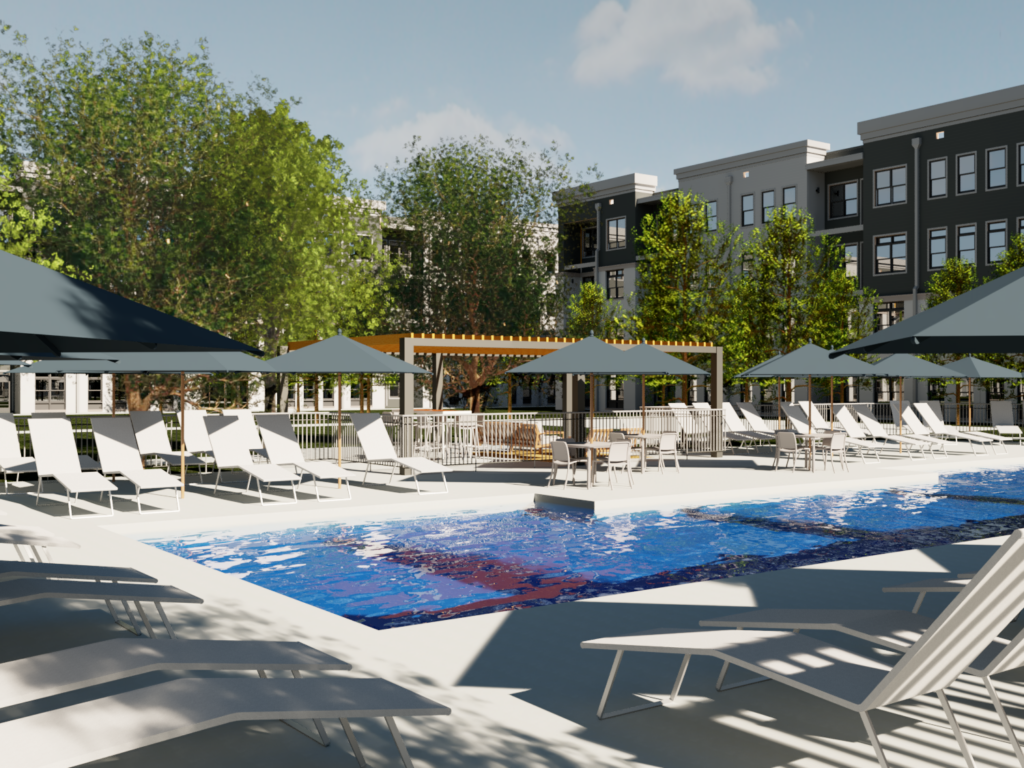 Thrive Companies, Outdoor swimming pool area with white lounge chairs, blue umbrellas, and surrounding greenery in front of modern apartment buildings under a partly cloudy sky. Apartments in Columbus Ohio