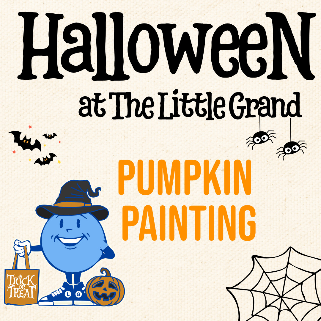 Thrive Companies, Halloween event poster for The Little Grand featuring pumpkin painting, bats, spiders, a blue cartoon character in a witch hat, and Halloween decorations. Apartments in Columbus Ohio