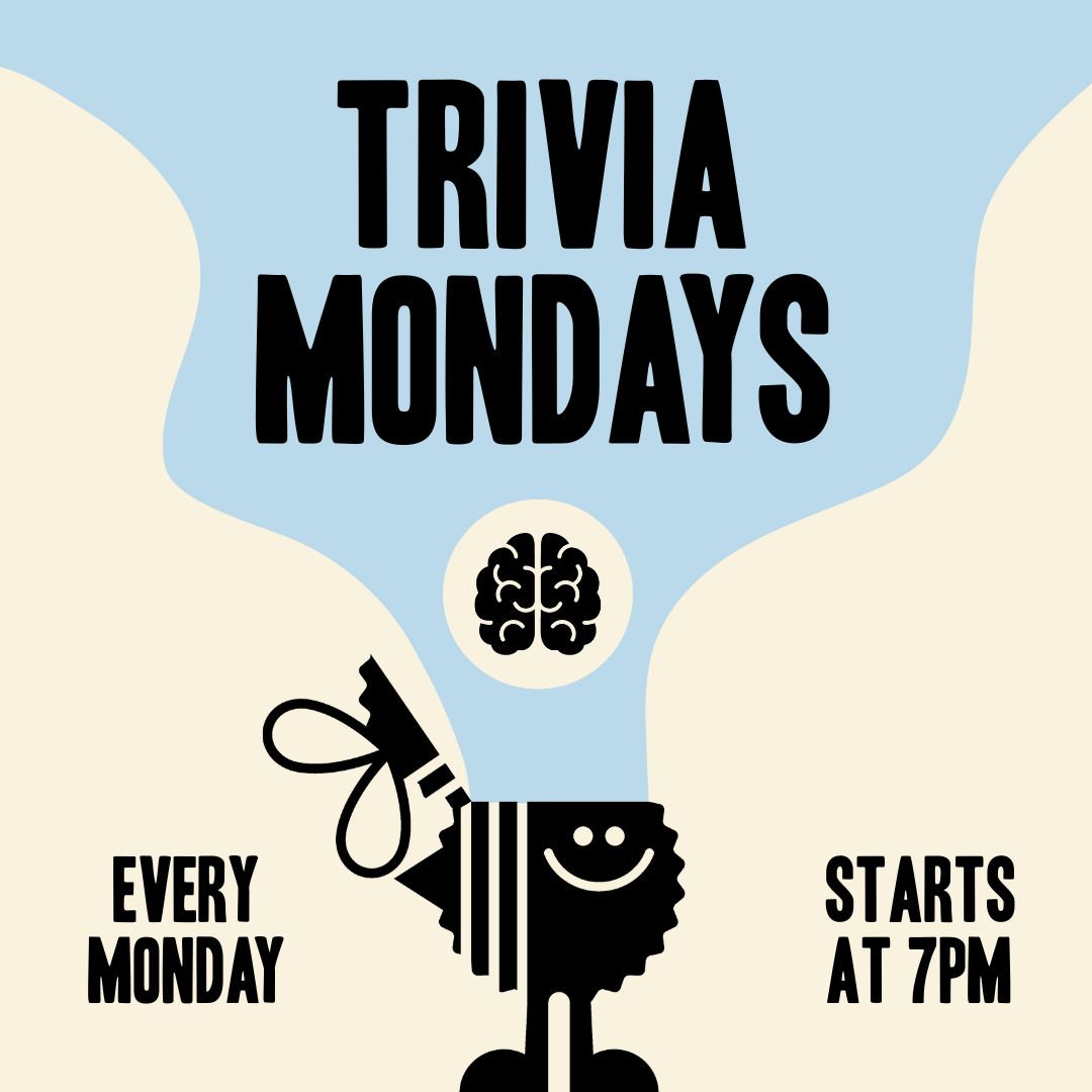 Thrive Companies, Poster with Trivia Mondays in large text, a brain illustration, and details: Every Monday and Starts at 7PM on a stylized blue and beige background. Apartments in Columbus Ohio