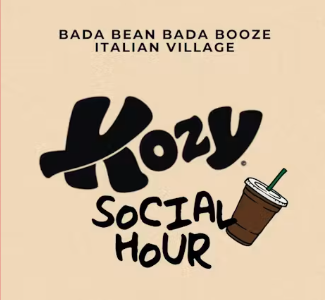 Thrive Companies, Logo for Kozy Social Hour with a cartoon iced coffee cup, and text above reading Bada Bean Bada Booze Italian Village on a beige background. Apartments in Columbus Ohio