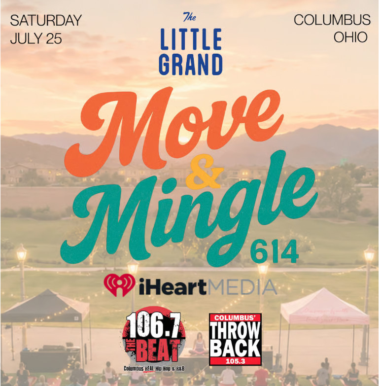 Thrive Companies, Event flyer for Move & Mingle 614 at The Little Grand in Columbus, Ohio on Saturday, July 25, presented by iHeartMedia, 106.7 The Beat, and Columbus Throwback 105.3. Apartments in Columbus Ohio
