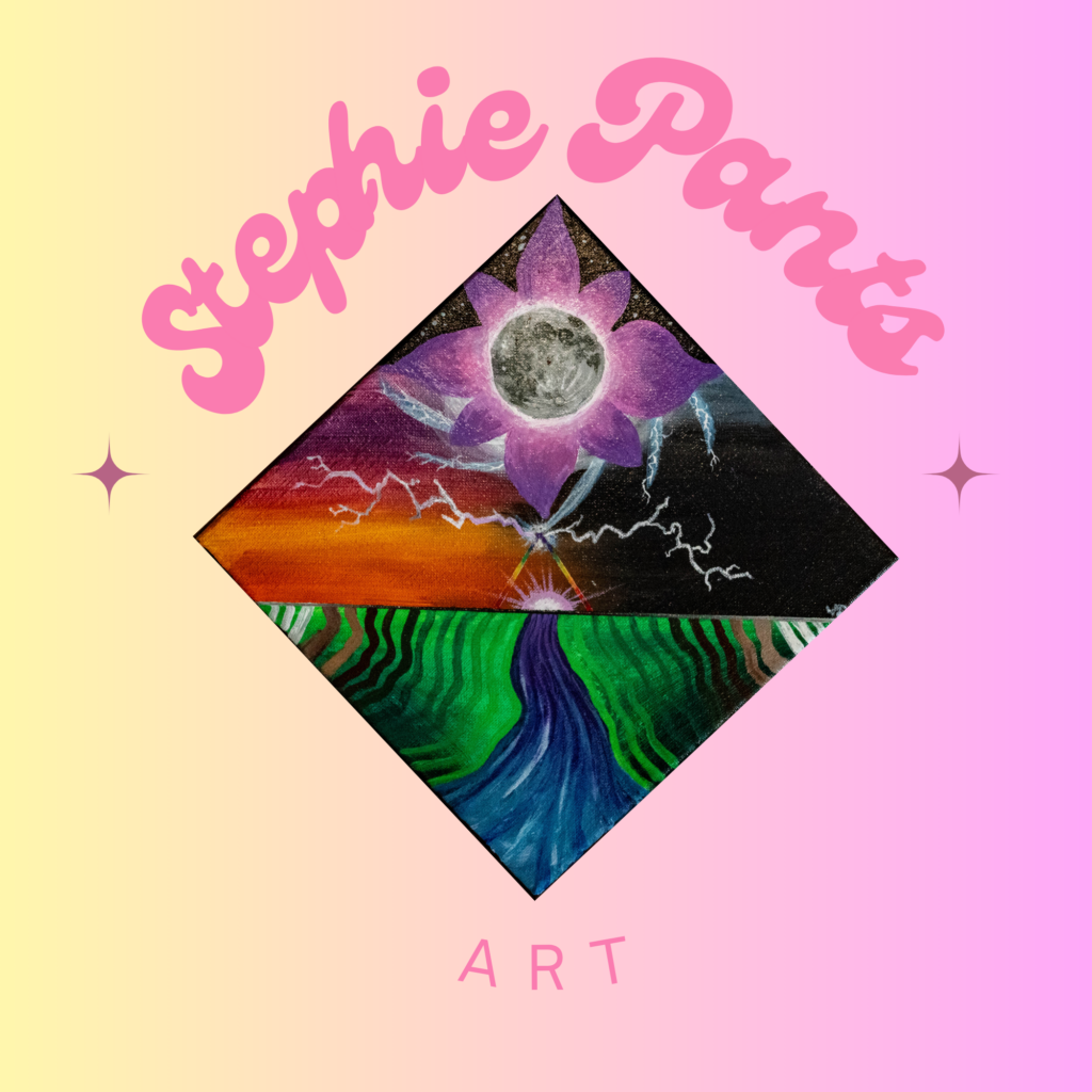 Thrive Companies, Diamond-shaped artwork with a moon in a purple flower, stormy sky, river, and green fields. Stephie Pants ART in pink text on a pastel gradient background. Apartments in Columbus Ohio