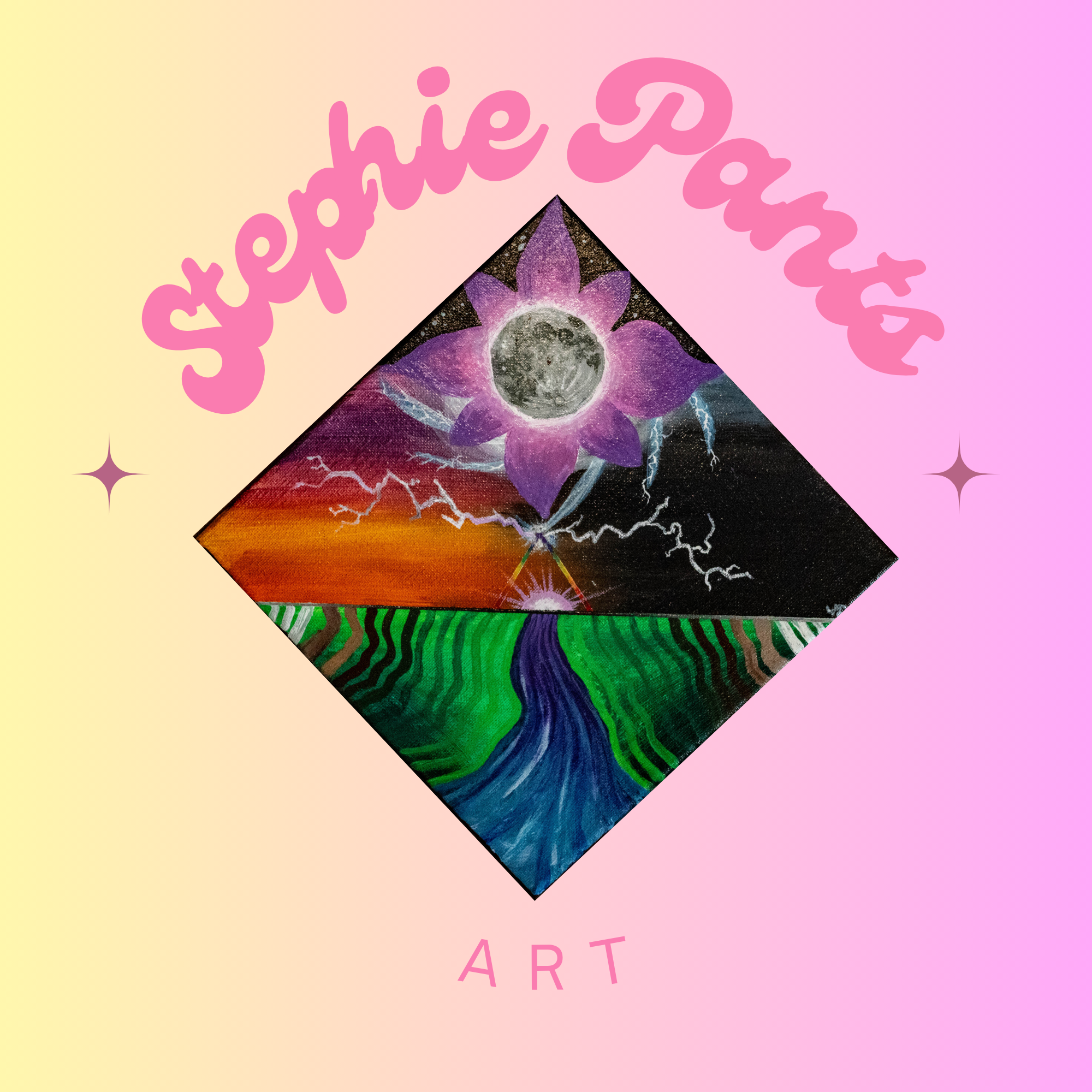 Thrive Companies, Diamond-shaped artwork with a moon in a purple flower, stormy sky, river, and green fields. Stephie Pants ART in pink text on a pastel gradient background. Apartments in Columbus Ohio