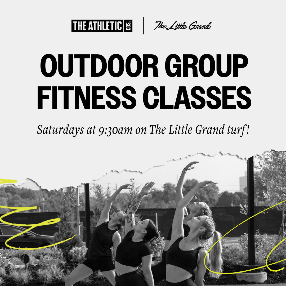 Thrive Companies, A group of people exercise outdoors on turf with arms raised; text promotes outdoor group fitness classes Saturdays at 9:30am on The Little Grand turf. Apartments in Columbus Ohio
