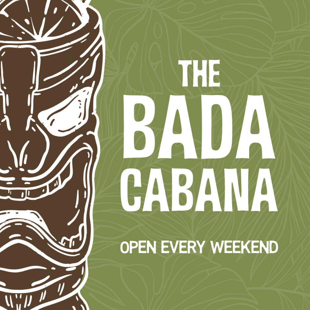 Thrive Companies, A stylized tiki mask illustration on the left with the text The Bada Cabana Open Every Weekend on a green leaf-patterned background. Apartments in Columbus Ohio