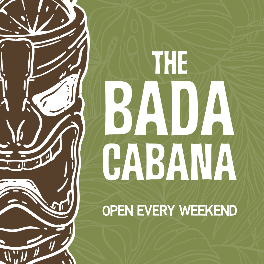 Thrive Companies, A stylized tiki mask illustration on the left with the text The Bada Cabana Open Every Weekend on a green leaf-patterned background. Apartments in Columbus Ohio