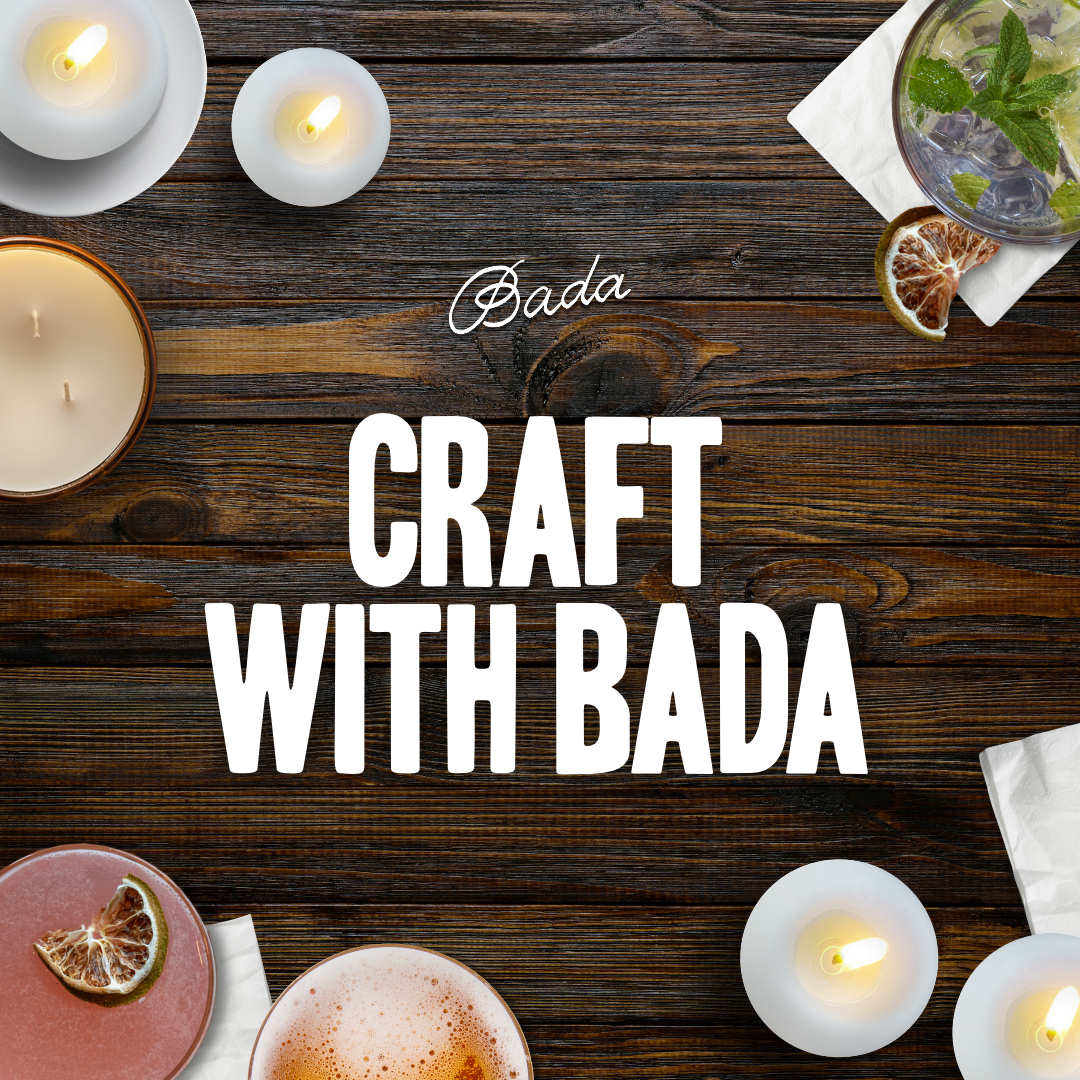 Thrive Companies, Top-down view of a dark wooden table with candles, cocktails, and the text Bada Craft with Bada in the center. Apartments in Columbus Ohio