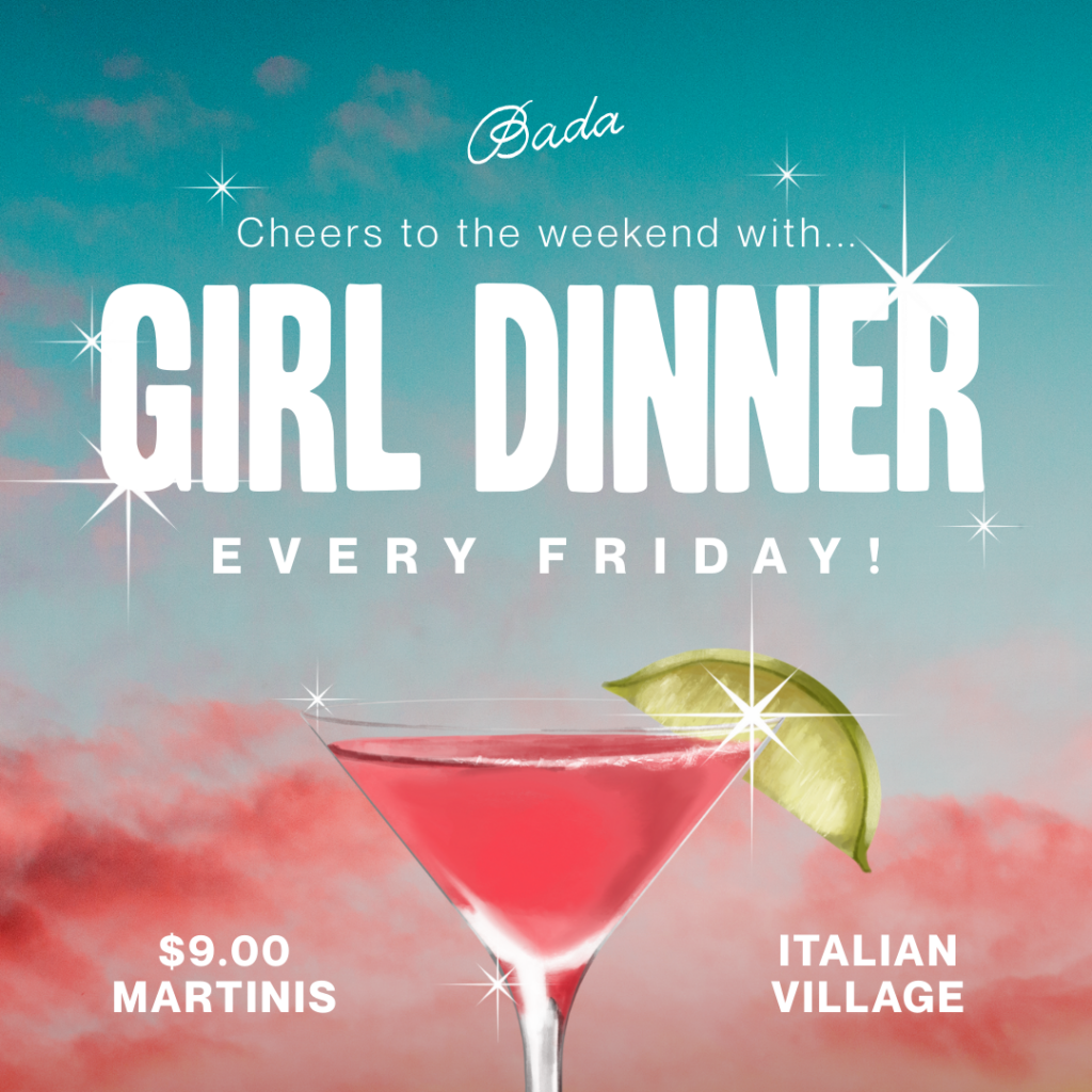 Thrive Companies, A pink martini with a lime wedge is in front of a pink and blue sky. Text reads: Girl Dinner Every Friday. $9.00 Martinis. Italian Village. Apartments in Columbus Ohio