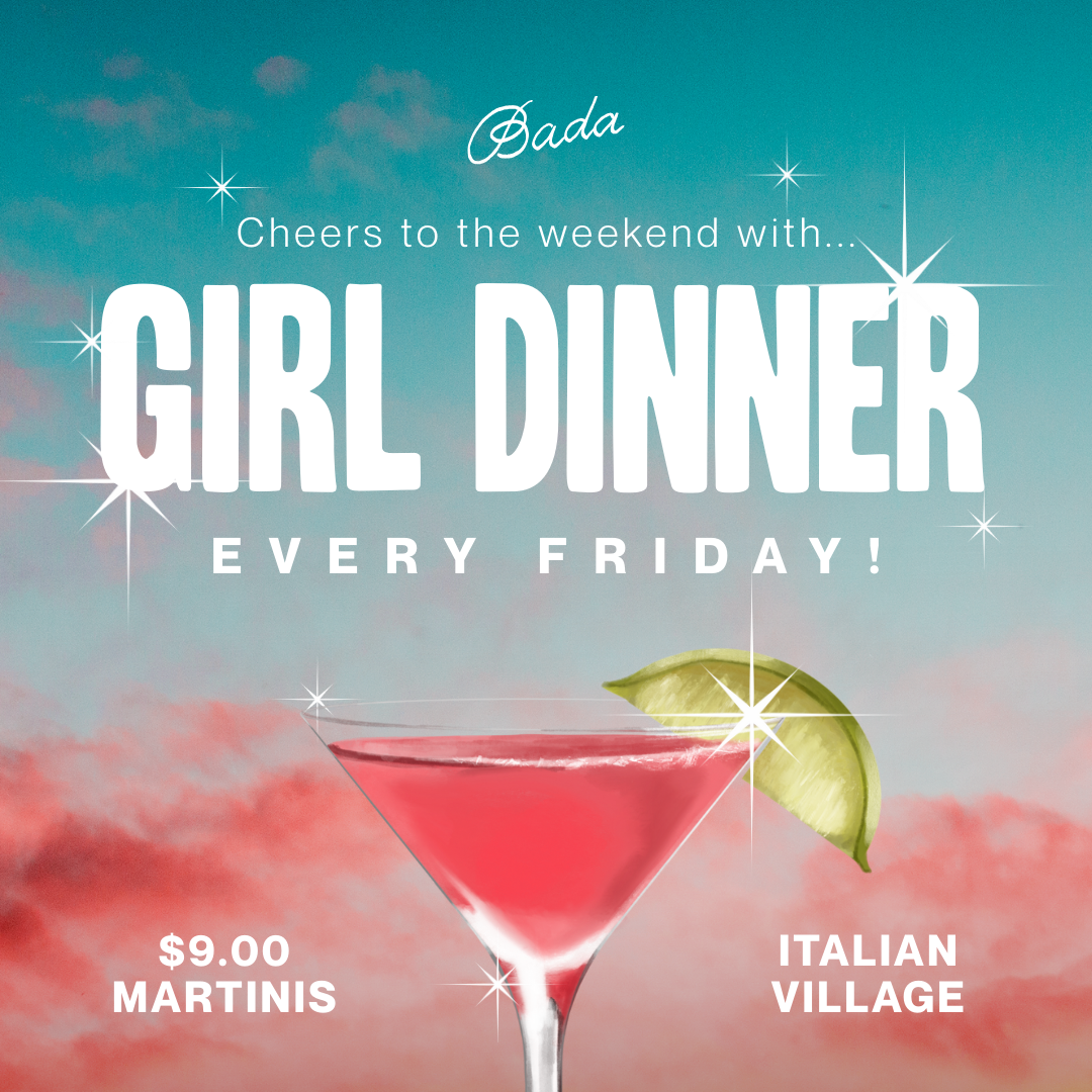 Thrive Companies, A pink martini with a lime wedge is in front of a pink and blue sky. Text reads: Girl Dinner Every Friday. $9.00 Martinis. Italian Village. Apartments in Columbus Ohio