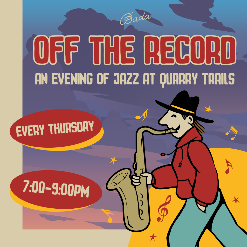 Thrive Companies, Illustration of a person playing a saxophone with text promoting Off The Record: An Evening of Jazz at Quarry Trails every Thursday from 7:00–9:00 PM. Apartments in Columbus Ohio