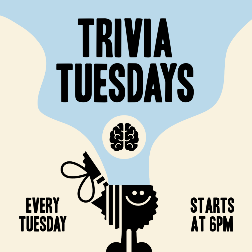 Thrive Companies, A stylized poster reads Trivia Tuesdays with a brain illustration, and text stating Every Tuesday and Starts at 6PM. A smiling figure holds a megaphone at the bottom. Apartments in Columbus Ohio