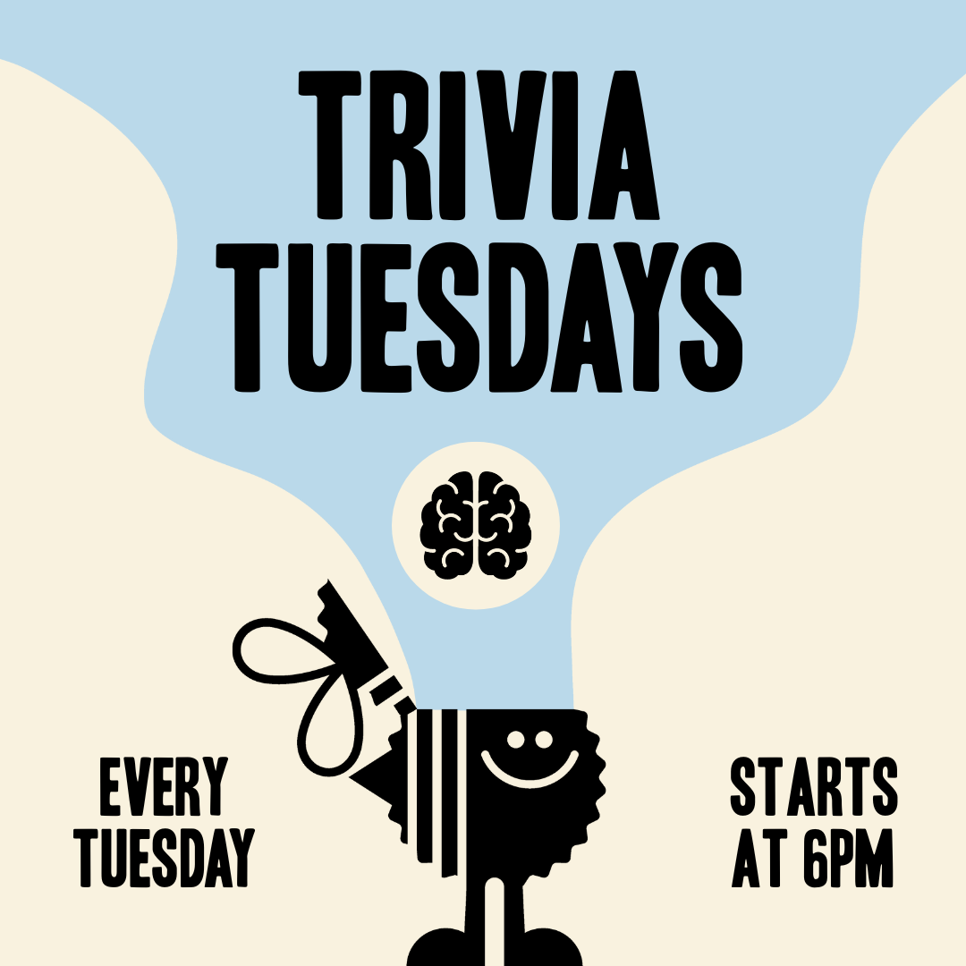 Thrive Companies, A stylized poster reads Trivia Tuesdays with a brain illustration, and text stating Every Tuesday and Starts at 6PM. A smiling figure holds a megaphone at the bottom. Apartments in Columbus Ohio