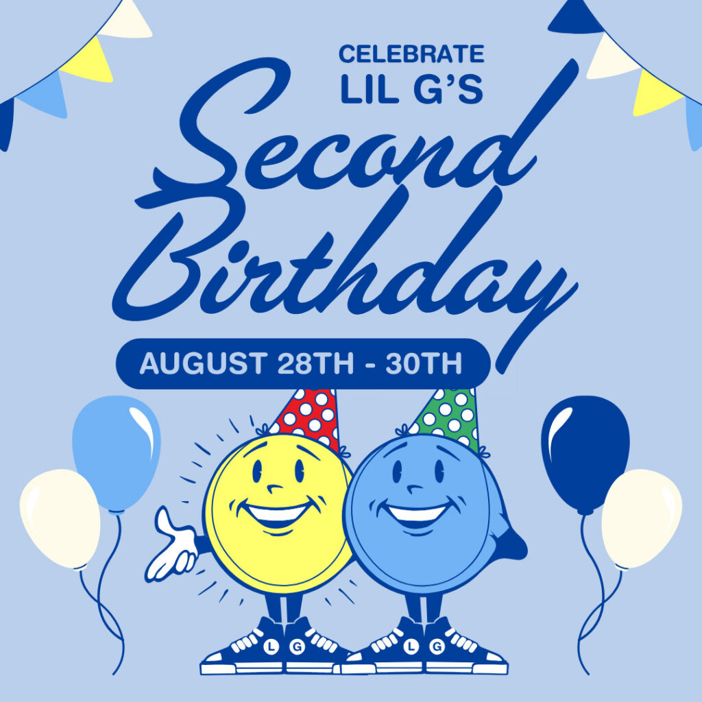Thrive Companies, Cartoon yellow and blue characters wearing party hats stand together with balloons and bunting, advertising Lil Gs Second Birthday, August 28th – 30th.. Apartments in Columbus Ohio
