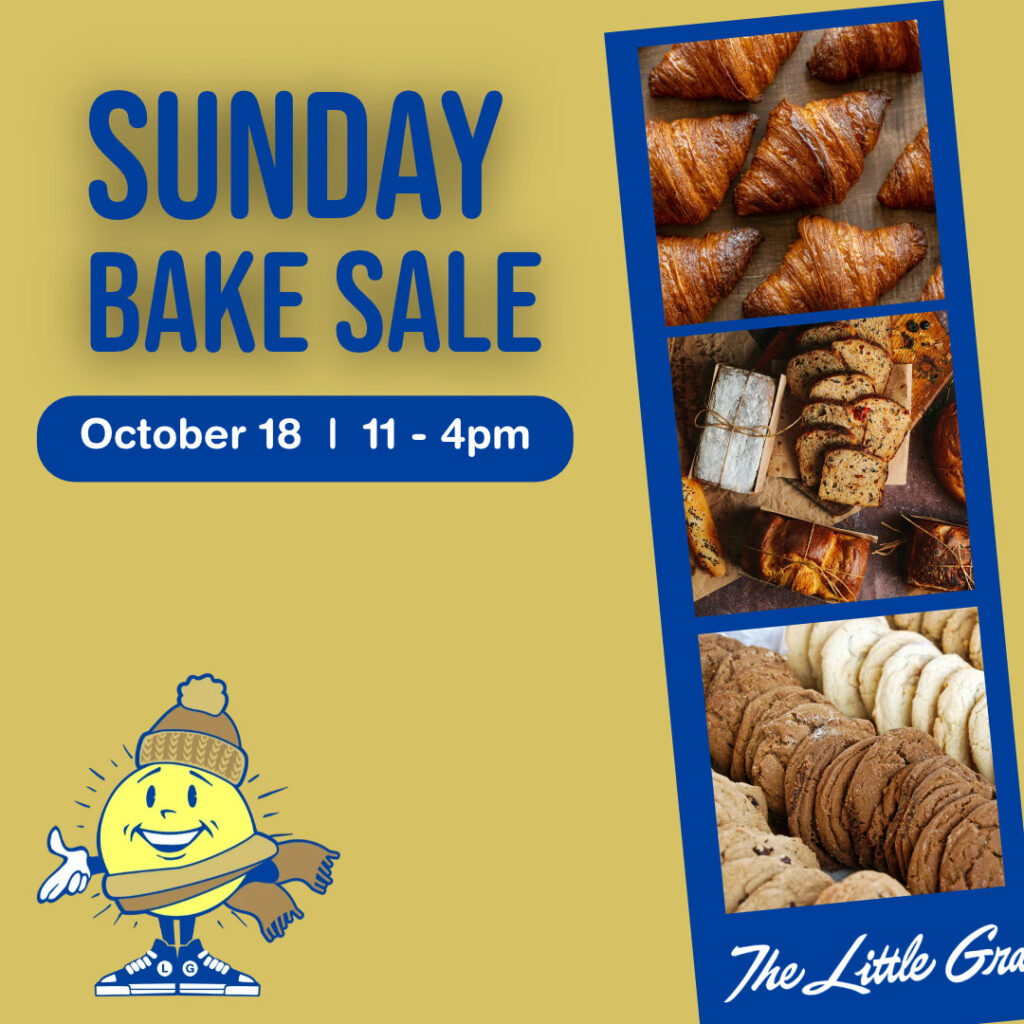 Thrive Companies, Sunday Bake Sale on October 18 from 11 am to 4 pm, featuring photos of croissants, sliced loaves, and cookies, with a cartoon mascot at the bottom. Apartments in Columbus Ohio