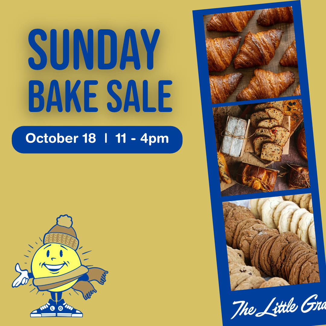 Thrive Companies, Sunday Bake Sale on October 18 from 11 am to 4 pm, featuring photos of croissants, sliced loaves, and cookies, with a cartoon mascot at the bottom. Apartments in Columbus Ohio