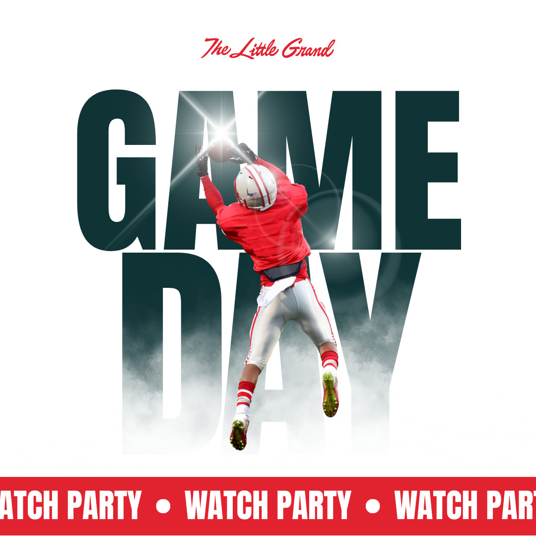 Thrive Companies, A football player in red jumps to catch a ball in front of large GAME DAY text with WATCH PARTY banners along the bottom. Apartments in Columbus Ohio