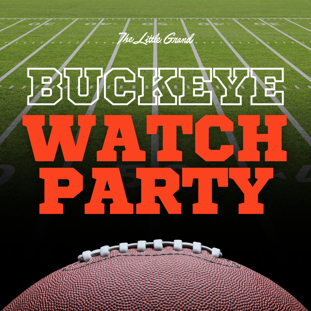 Thrive Companies, Text reads The Little Grand. Buckeye Watch Party over a football field background with a football at the bottom. Apartments in Columbus Ohio