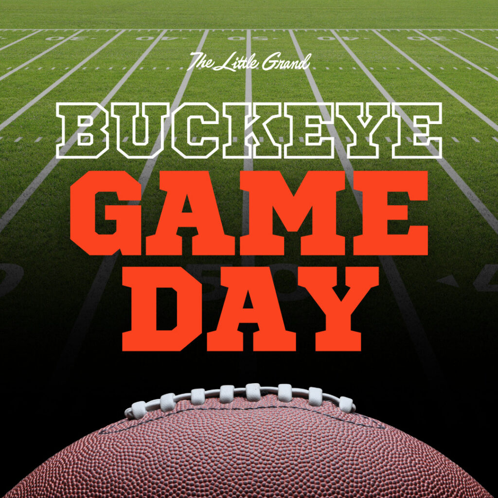 Thrive Companies, Graphic with a football field background reading The Little Grand BUCKEYE GAME DAY above a football. Apartments in Columbus Ohio