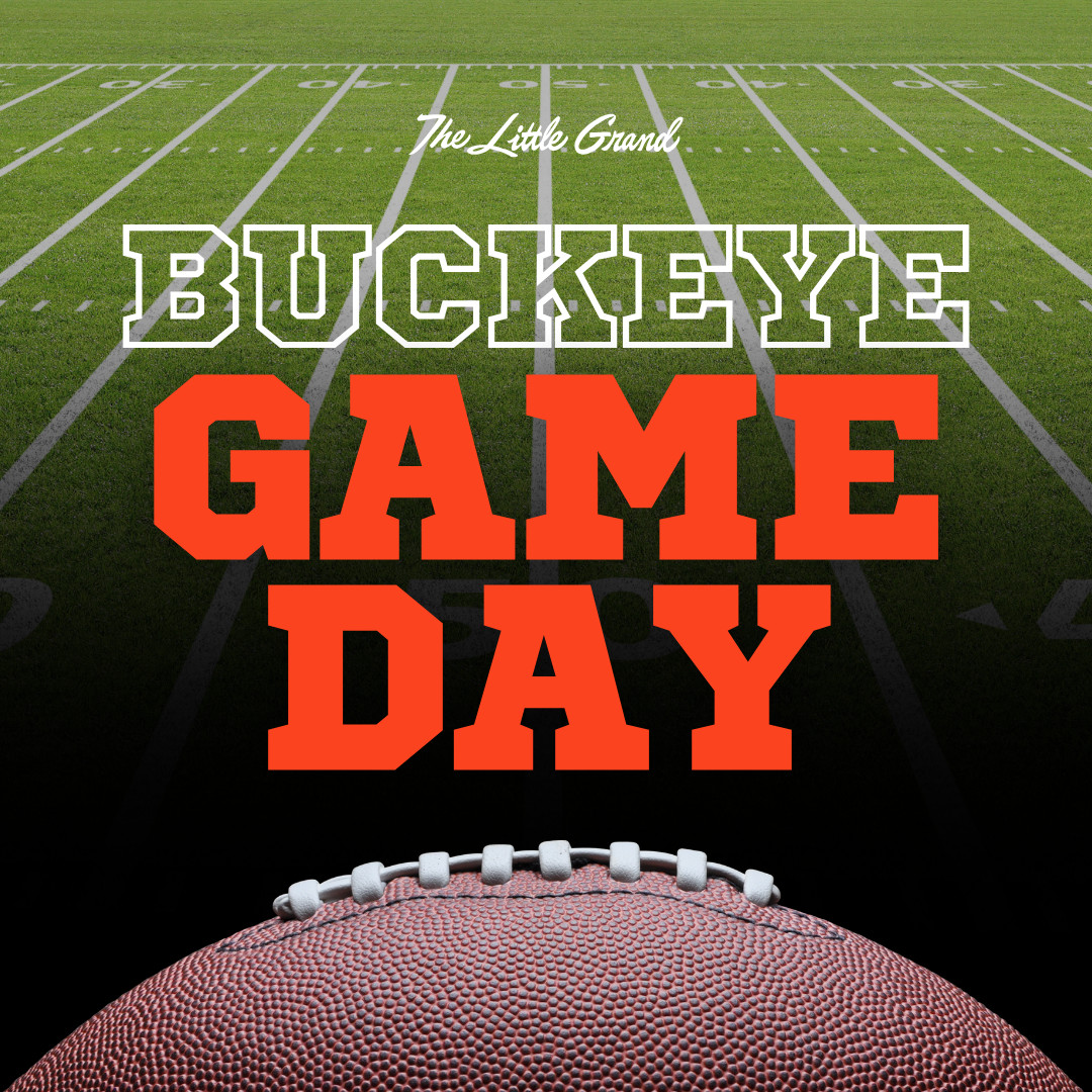 Thrive Companies, Graphic with a football field background reading The Little Grand BUCKEYE GAME DAY above a football. Apartments in Columbus Ohio