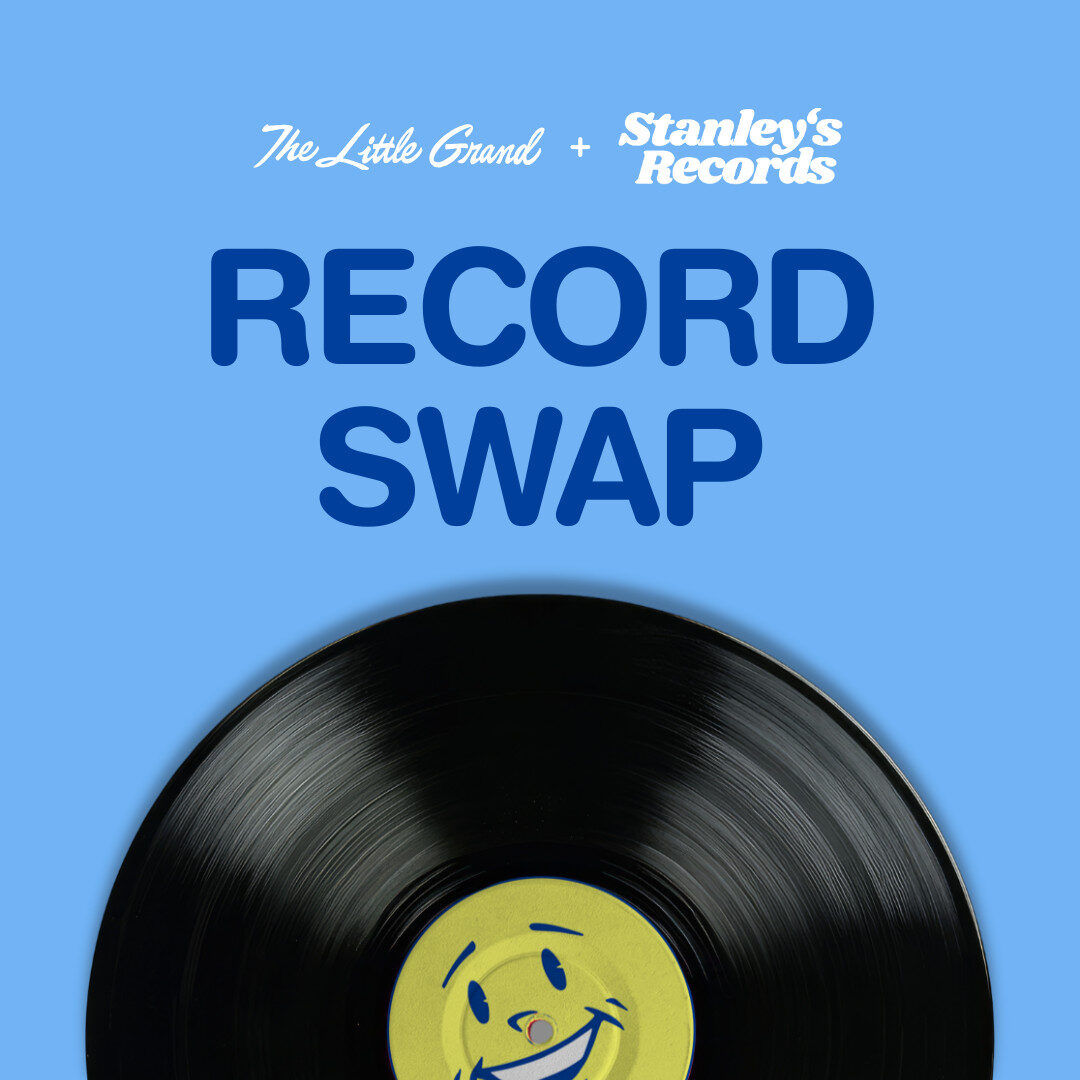 Thrive Companies, A vinyl record with a smiley face label on a blue background. Text above reads: The Little Grand + Stanleys Records RECORD SWAP.. Apartments in Columbus Ohio