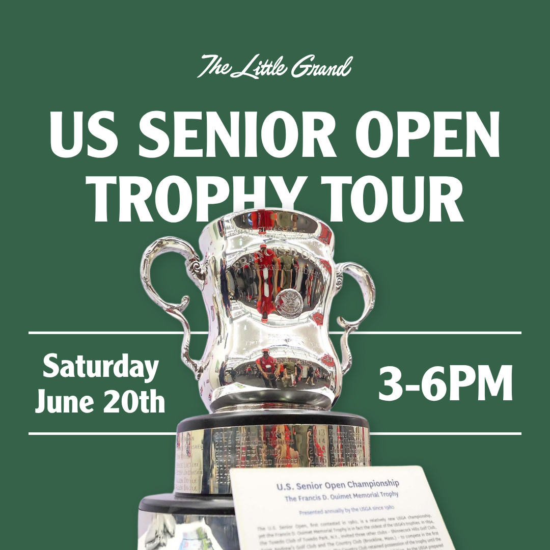 Thrive Companies, A silver trophy on display with event details for the US Senior Open Trophy Tour at The Little Grand, scheduled for Saturday, June 20th from 3–6 PM. Apartments in Columbus Ohio