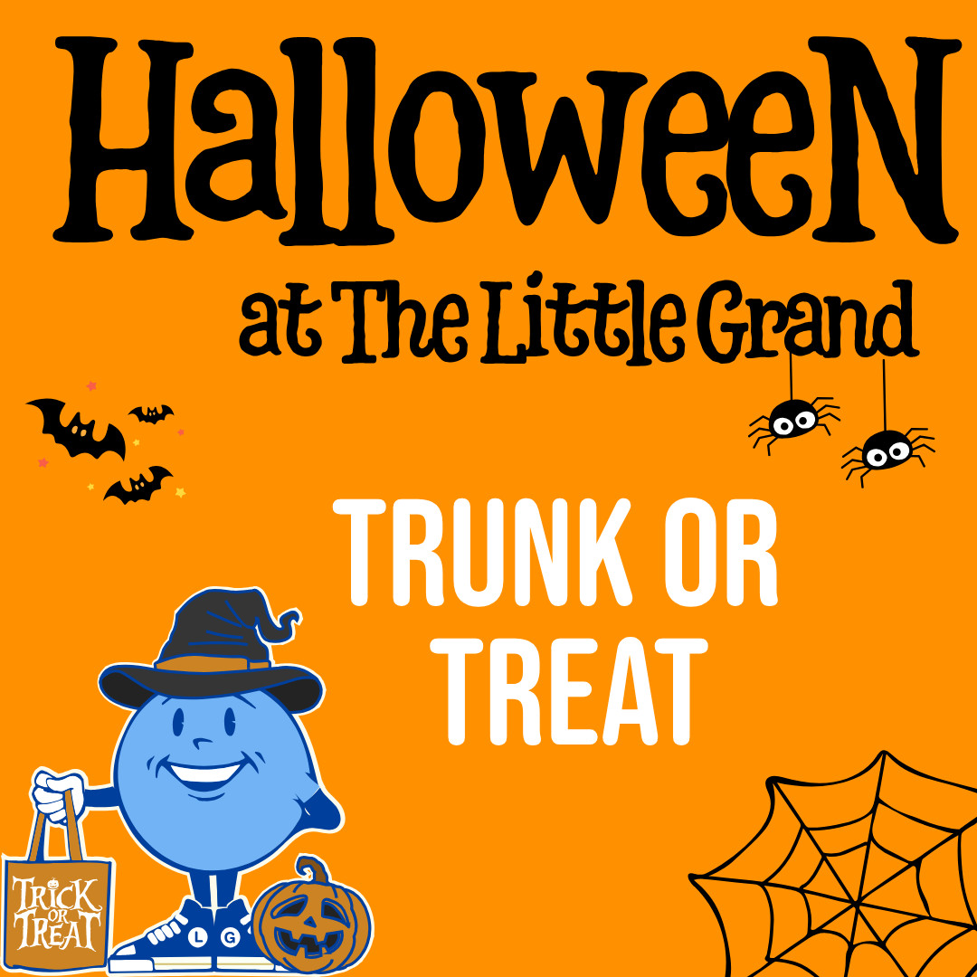 Thrive Companies, Orange Halloween event graphic with text reading Halloween at The Little Grand TRUNK OR TREAT, decorated with bats, spiders, a cartoon character holding a pumpkin, and a spider web. Apartments in Columbus Ohio