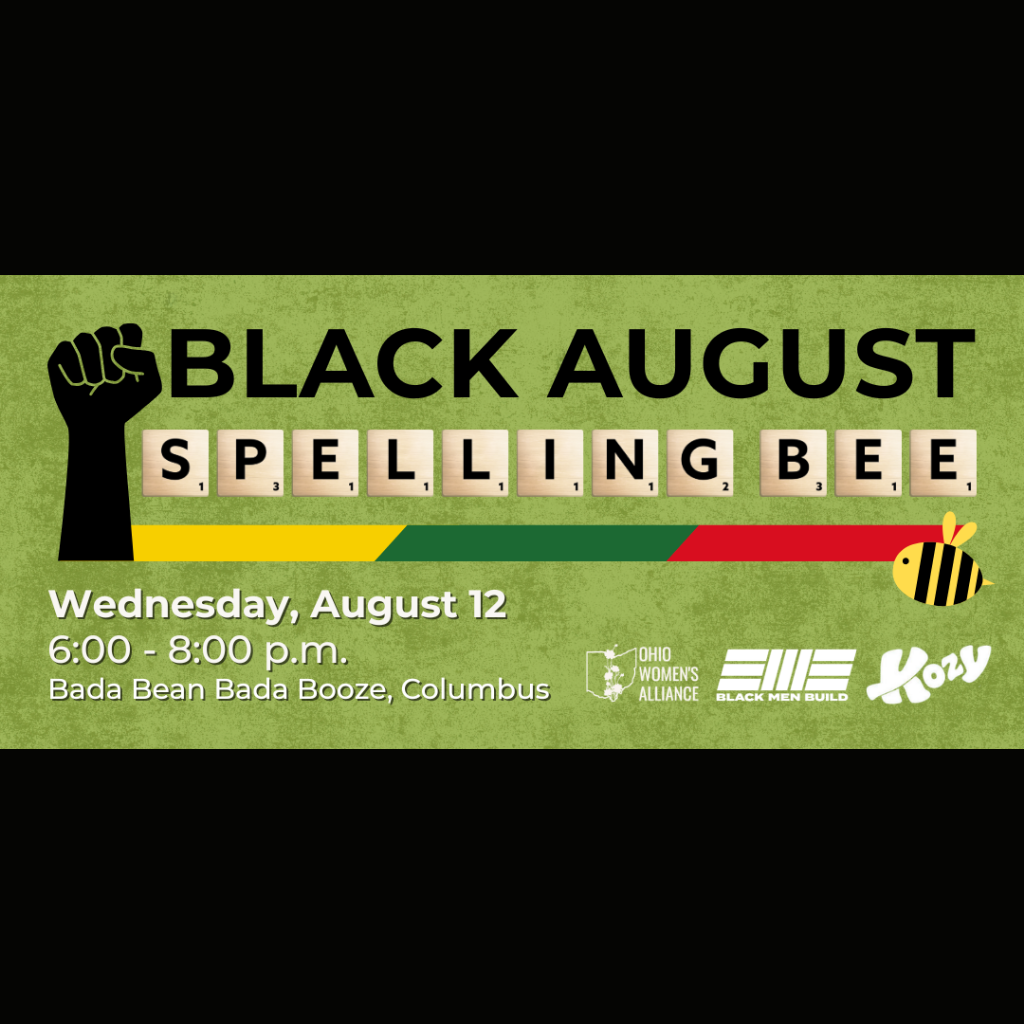 Thrive Companies, Black August Spelling Bee event flyer with raised fist, bee graphic, event details, and sponsor logos on a green background. Apartments in Columbus Ohio
