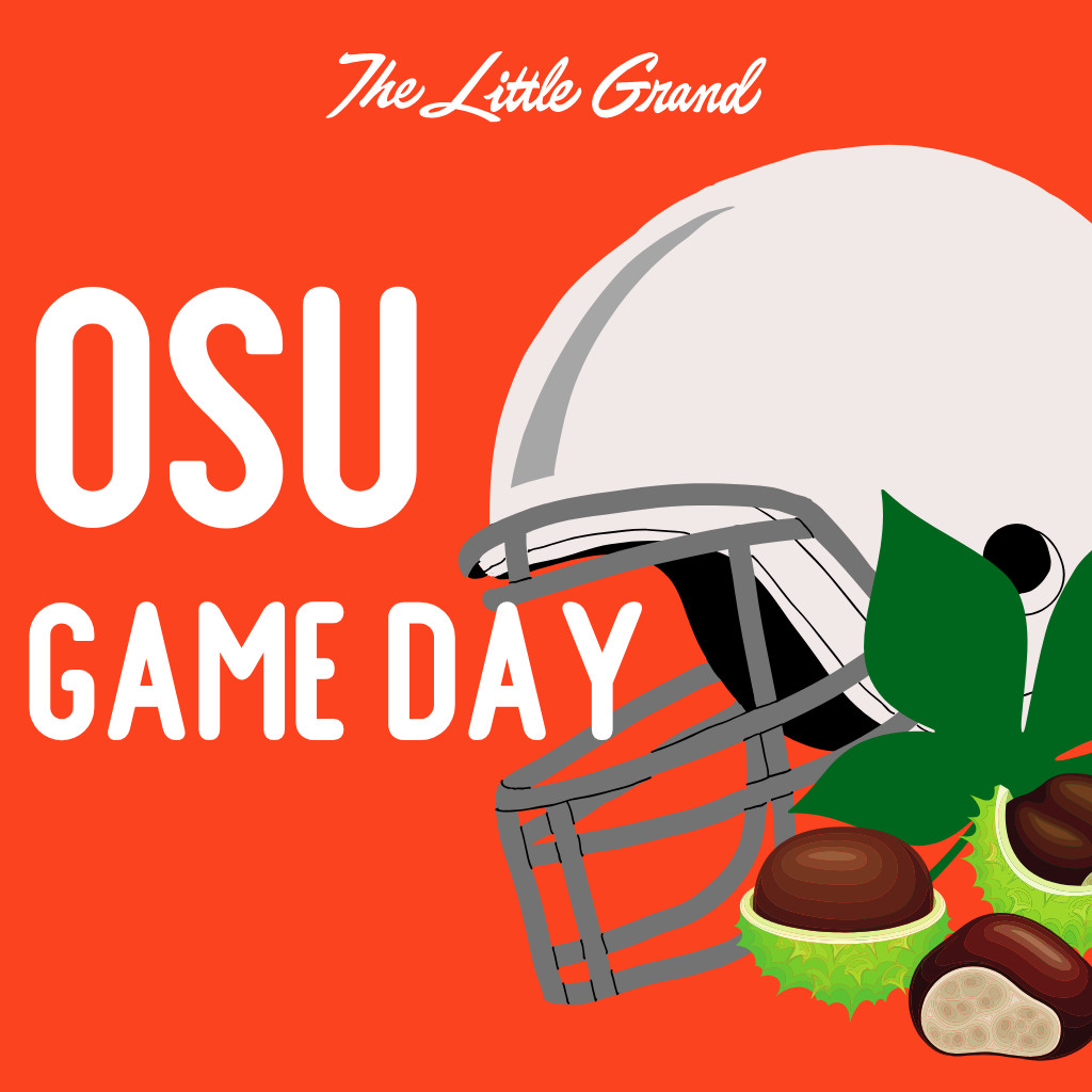 Thrive Companies, Graphic for The Little Grand featuring a football helmet, buckeye nuts, and the text OSU GAME DAY on an orange background. Apartments in Columbus Ohio
